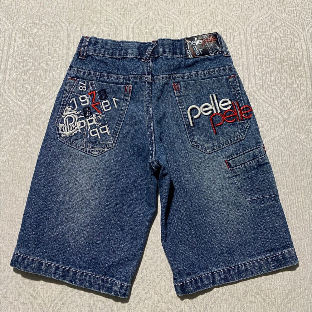 Pelle Pelle Boys 7 Blue Denim Baggy Carpenter Shorts Embroidered Vintage 90s